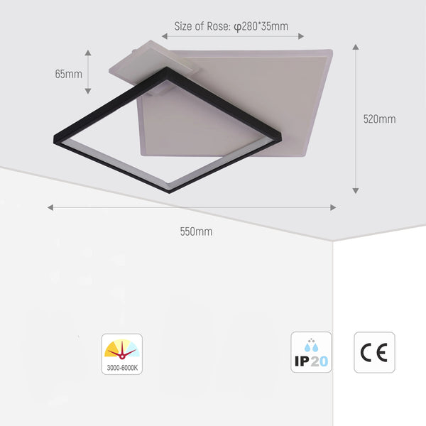 Lámpara de Techo LED Cuadrada en Capas, CCT, 40W, Negro y Blanco
