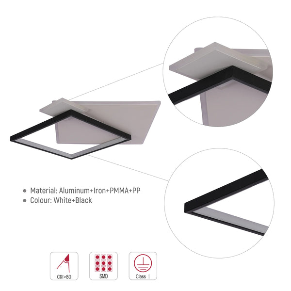 Lámpara de Techo LED Cuadrada en Capas, CCT, 40W, Negro y Blanco