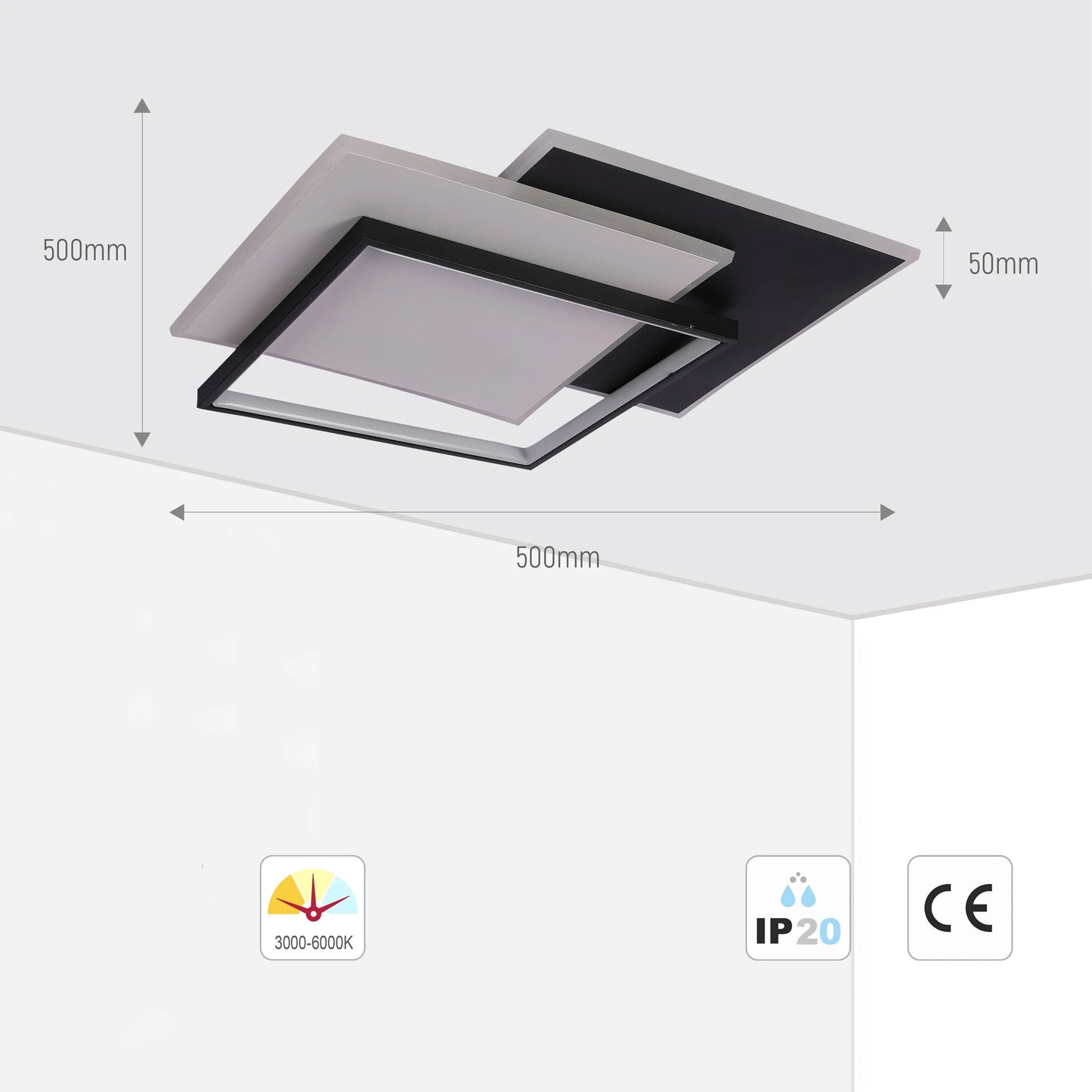 Lámpara de Techo LED Cuadrada en Capas, CCT, 40W, Negro y Blanco