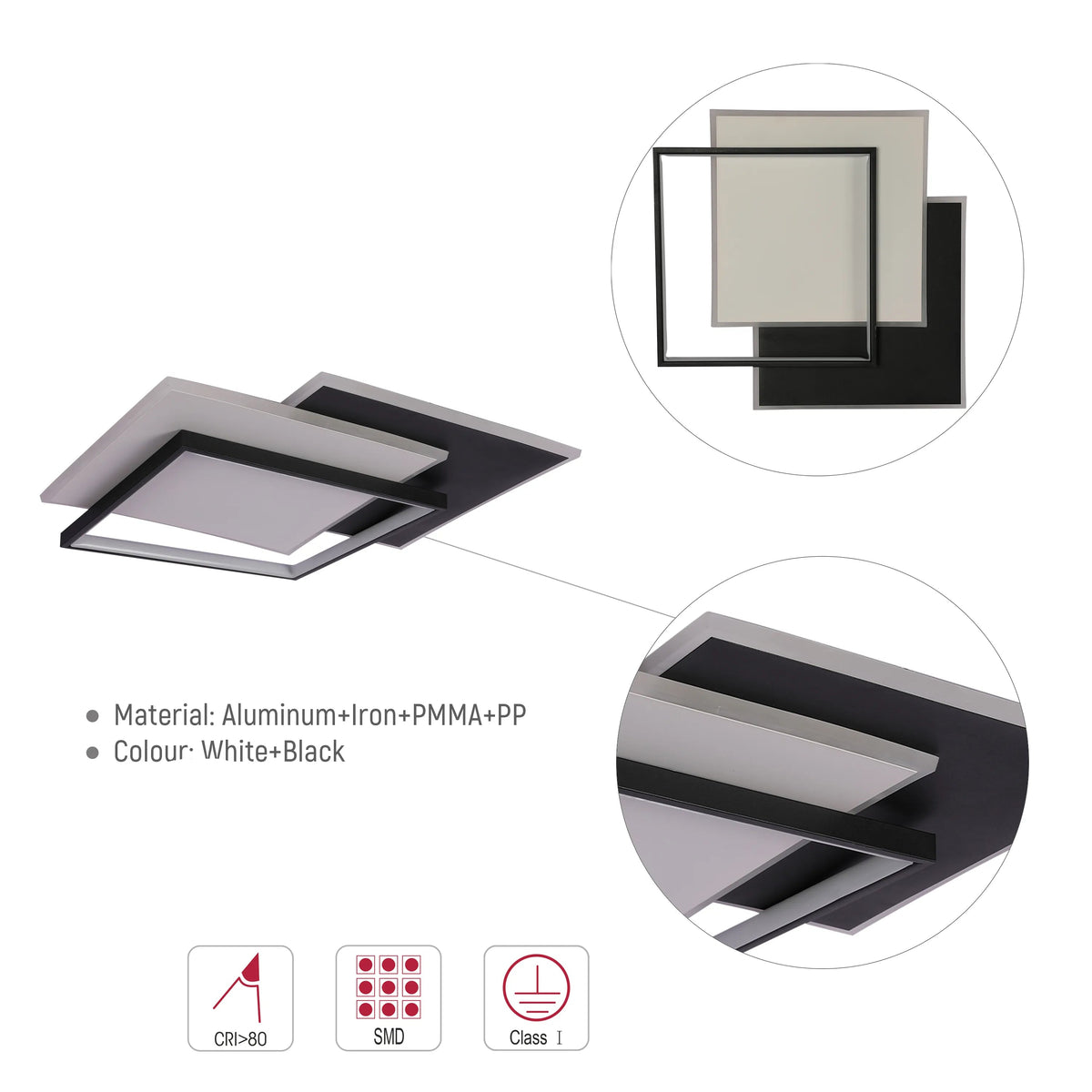Lámpara de Techo LED Cuadrada en Capas, CCT, 40W, Negro y Blanco