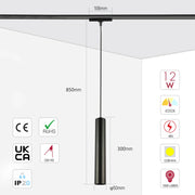 Size and technical specs of the LED Cylinder Magnetic Pendant Track Light 12W 48V Black 4000K(TEKLED)-169-03103-169-03103