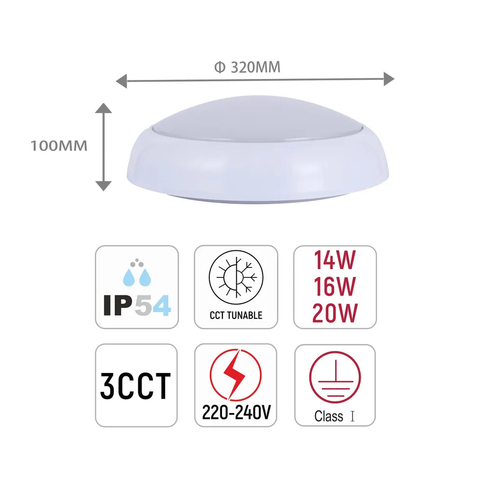 Tamaño y especificaciones técnicas del LED Paladin Bulkhead 14-16-20 W 3CCT IP54 con Aro Blanco-118-03616