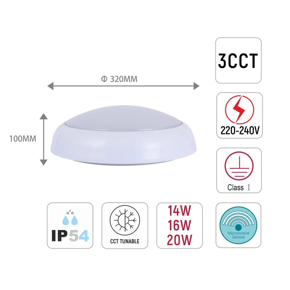 Tamaño y especificaciones técnicas del LED Paladin Bulkhead 14-16-20 W 3CCT IP54 con Aro Blanco-118-03618