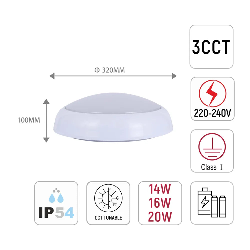Tamaño y especificaciones técnicas del LED Paladin Bulkhead 14-16-20 W 3CCT IP54 con Borde Blanco-118-03620