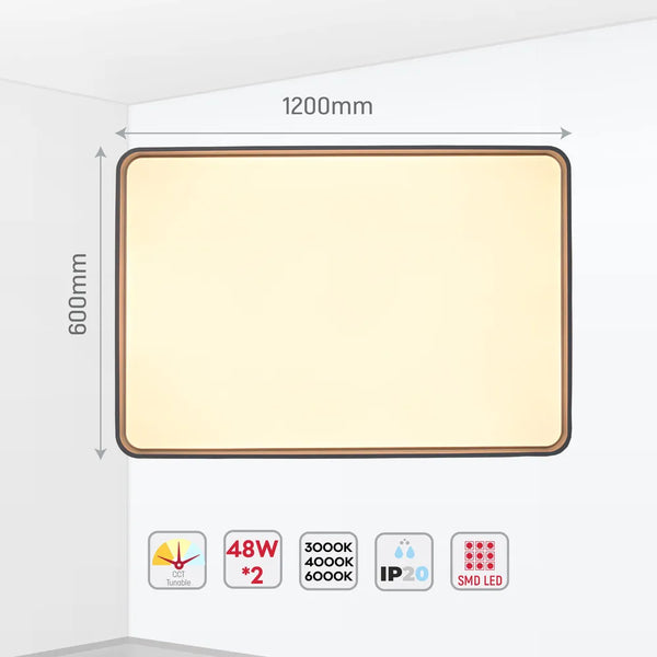 Size and technical specs of the LED Square Flush Ceiling Light Blue 1200x600 6000K/4000K/3000K 50Wx2(TEKLED)-165-16037