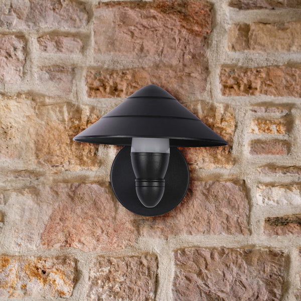 Aplique de pared LED en forma de hongo negro, ideal para exteriores con estilo moderno y funcional para jardines o patios.