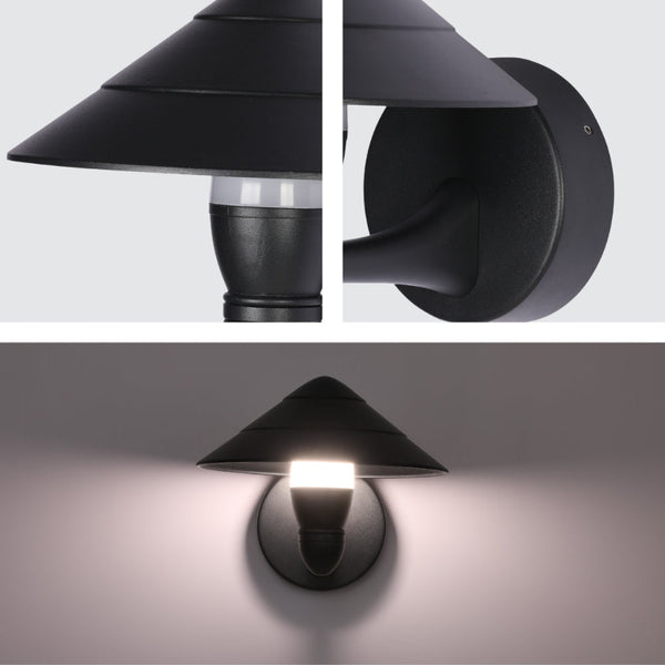 Luz de pared LED en forma de hongo negro, ideal para iluminar exteriores con estilo moderno y elegante.