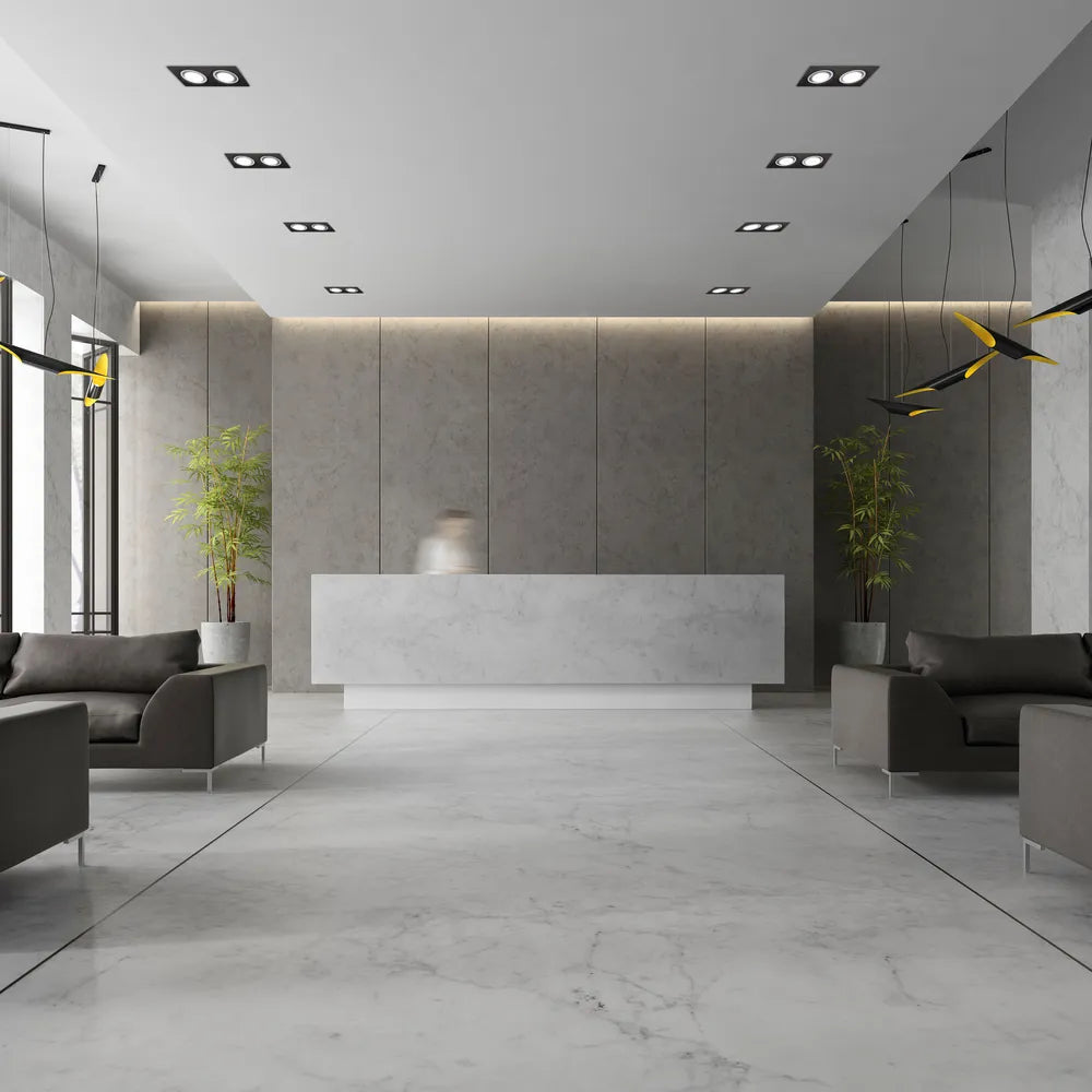 Elegante luminaria empotrada GU10 en una sala de estar moderna, que realza la decoración contemporánea con iluminación brillante y enfocada.143-03402