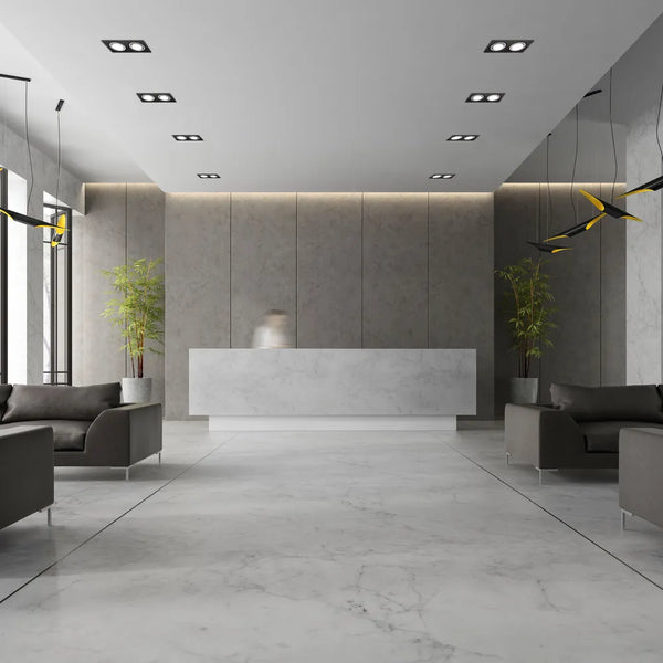 Elegante luminaria empotrada GU10 en una sala de estar moderna, que realza la decoración contemporánea con iluminación brillante y enfocada.143-03402