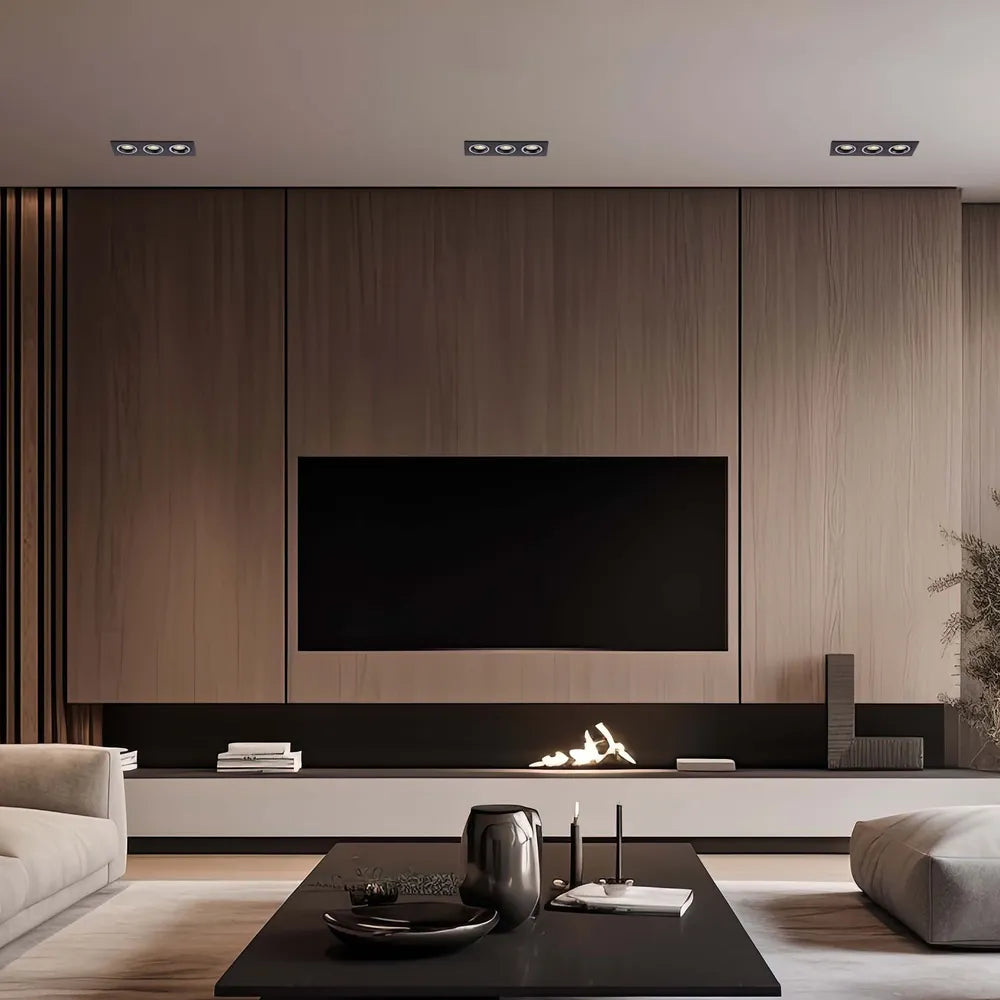 Foco cuadrado GU10 iluminando una sala de estar moderna con una decoración elegante, mejorando la ambientación y el estilo.143-03404