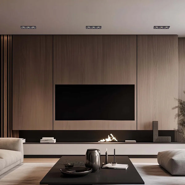 Foco cuadrado GU10 iluminando una sala de estar moderna con una decoración elegante, mejorando la ambientación y el estilo.143-03404
