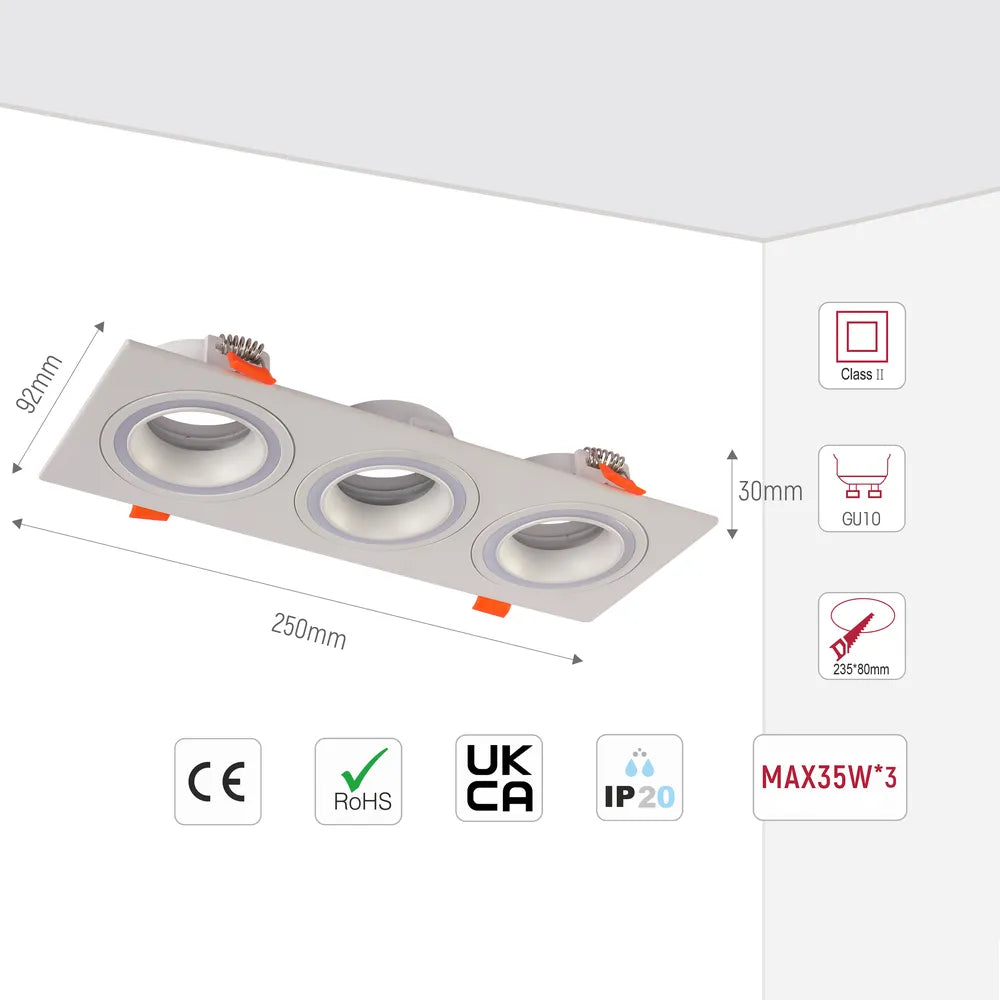 Tamaño y especificaciones técnicas del Downlighter Empotrado Fijo GU10 de Bajo UGR Square-143-03405