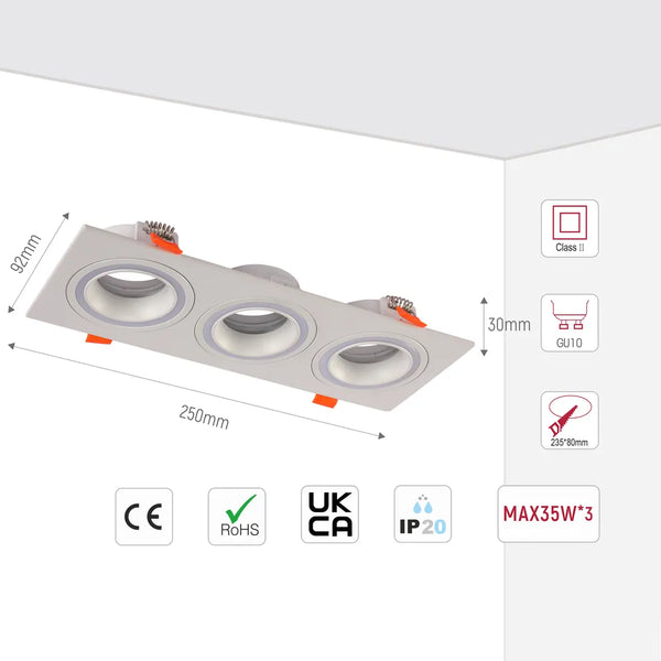Tamaño y especificaciones técnicas del Downlighter Empotrado Fijo GU10 de Bajo UGR Square-143-03405