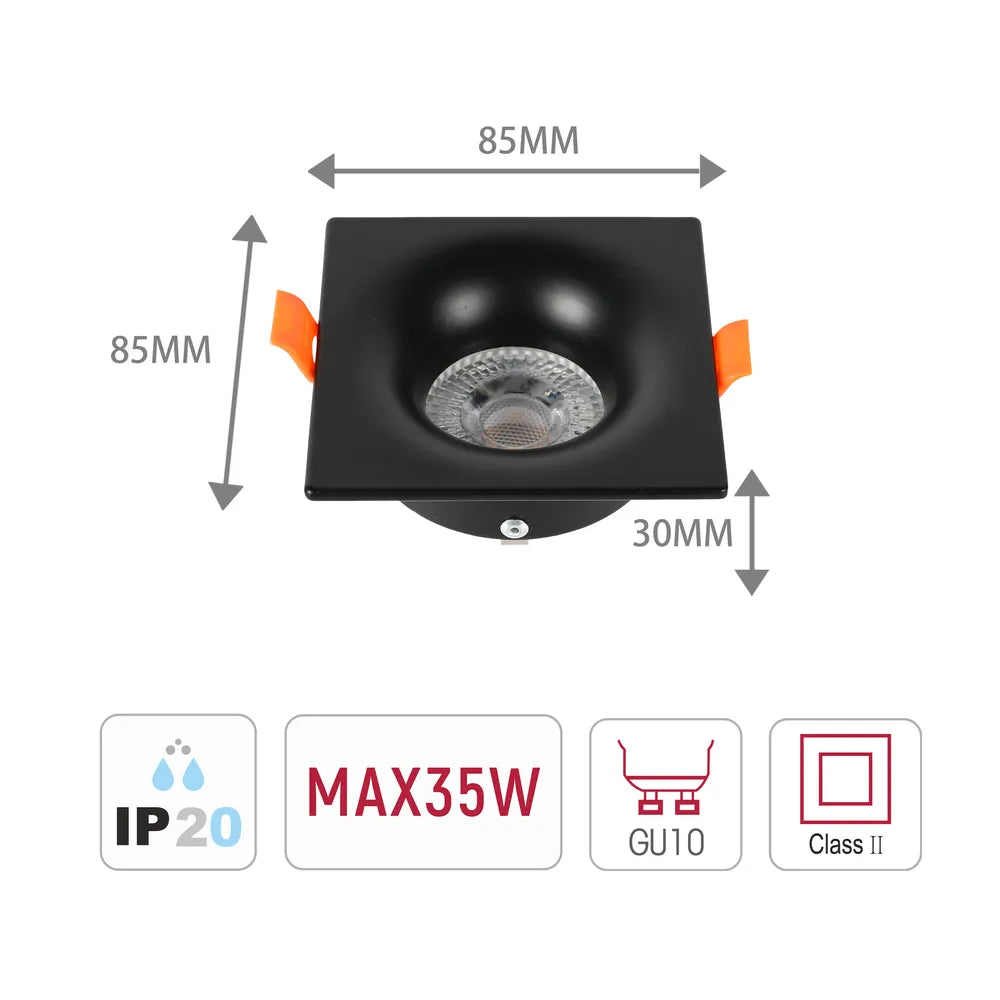 Tamaño y especificaciones técnicas del Downlight Empotrado Fijo Cuadrado de Baja Deslumbramiento Lunar GU10-143-03994