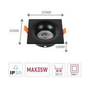 Tamaño y especificaciones técnicas del Downlight Empotrado Fijo Cuadrado de Baja Deslumbramiento Lunar GU10-143-03994