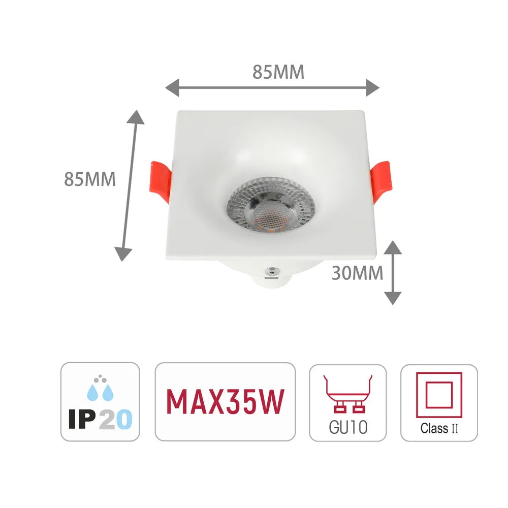 Tamaño y especificaciones técnicas del Downlight Empotrado Fijo Cuadrado de Baja Deslumbramiento Lunar GU10-143-03995