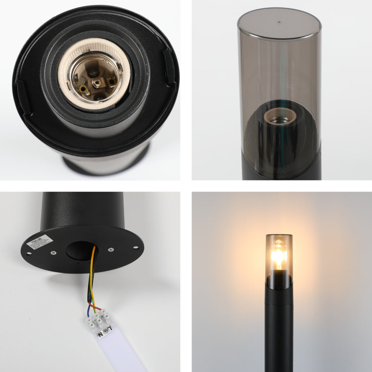 Imagen en primer plano de un farol de bolardo exterior, ideal para senderos en jardines de estilo moderno y elegante.