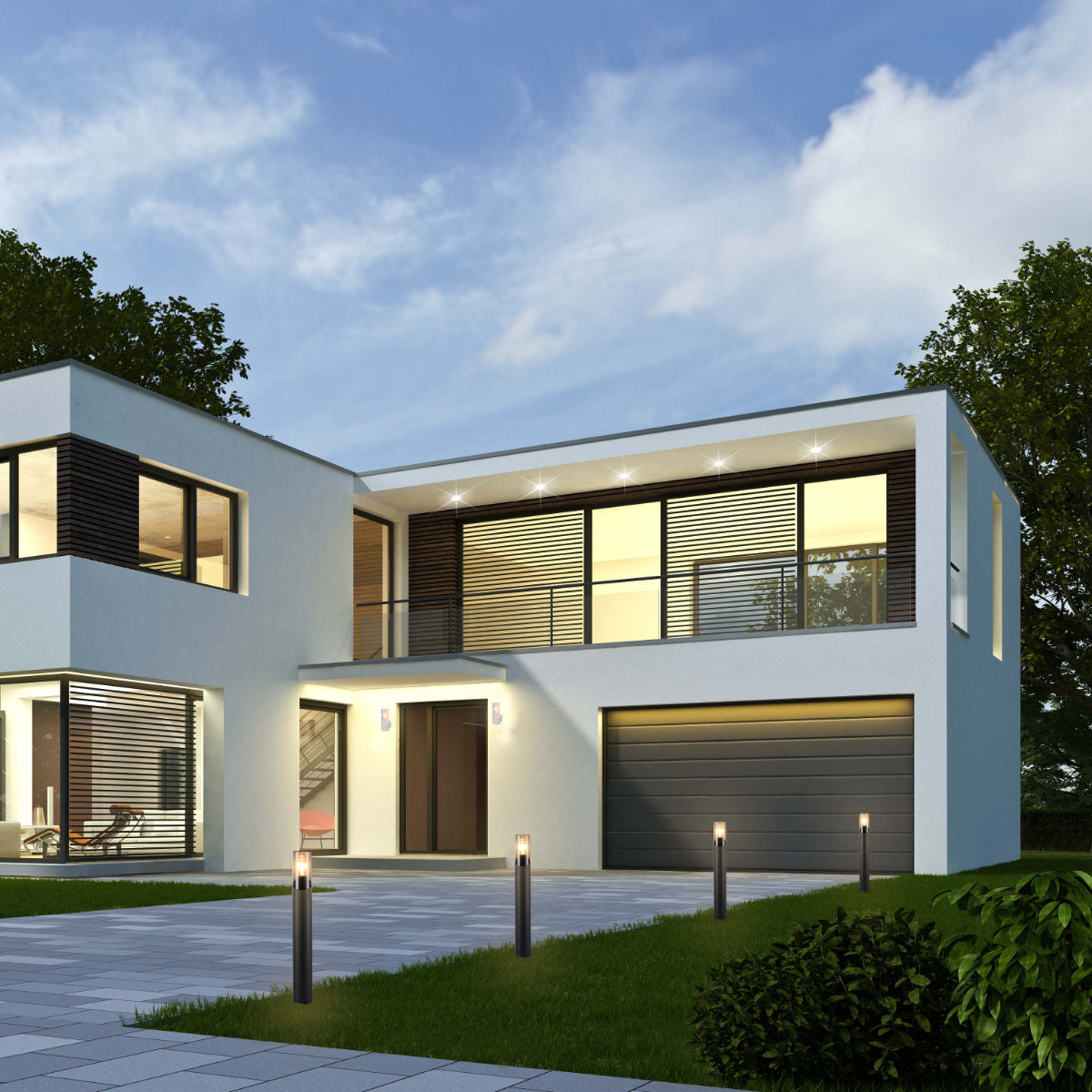 Luz de bolardo blanca para exteriores, ideal para senderos en jardines y patios con estilo contemporáneo.