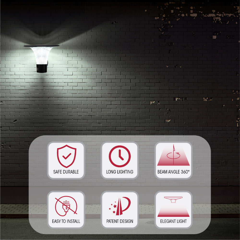 Luz solar LED de pared y sendero de 15W, ideal para exteriores modernos y jardines con ambiente contemporáneo.