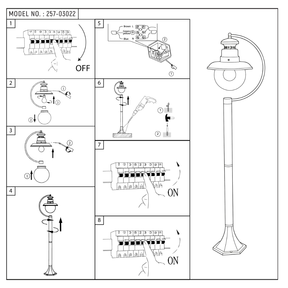 Luz de bolardo exterior negra con detalles dorados, ideal para iluminar jardines y caminos en decoración moderna.