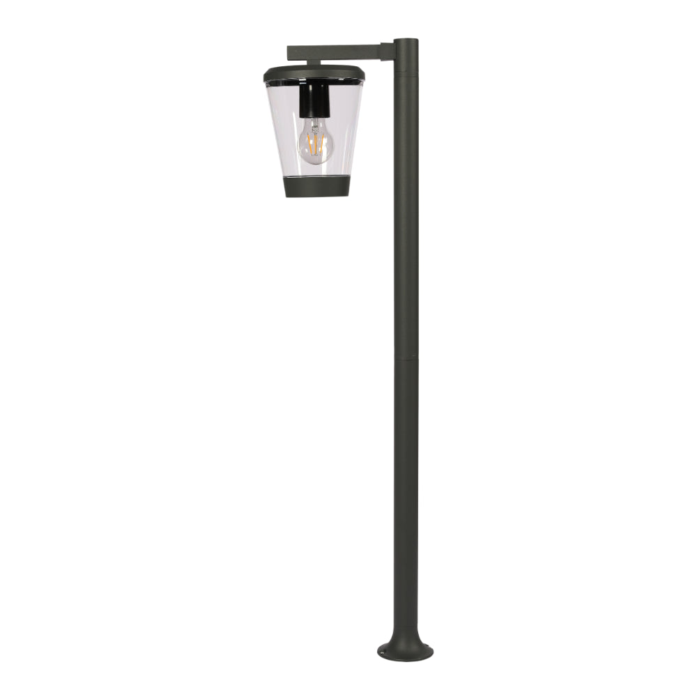 Luz de bollardo de exterior, ideal para iluminar caminos en jardines modernos, con estructura de aluminio oscuro y diseño elegante.
