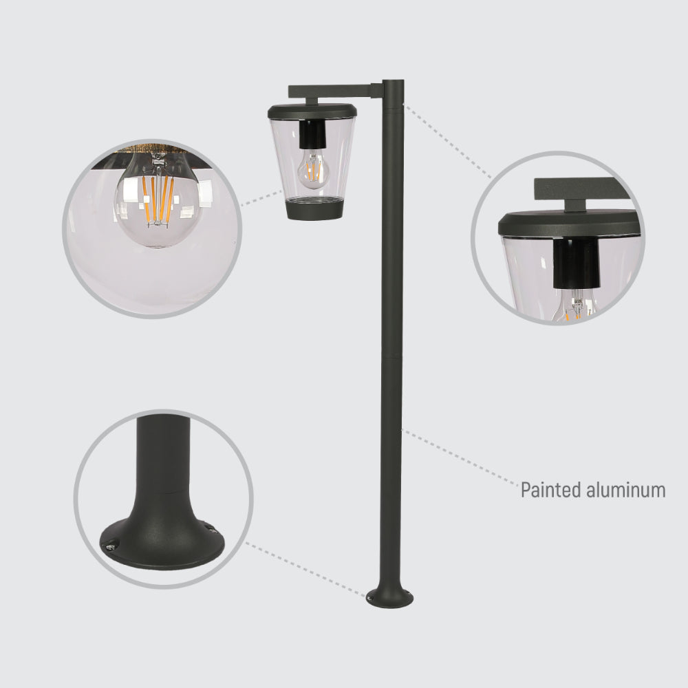 Luz de camino en bollard para exteriores, diseño elegante en gris oscuro, ideal para jardines y áreas al aire libre contemporáneas.