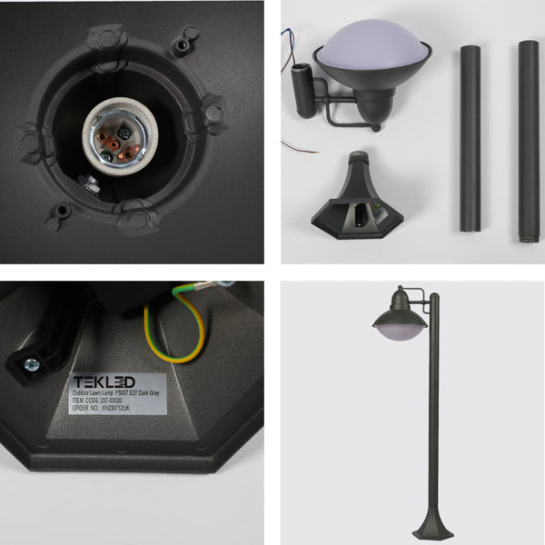 Luz bollard de jardín en gris oscuro, ideal para caminos al aire libre, complementando un entorno moderno y elegante.