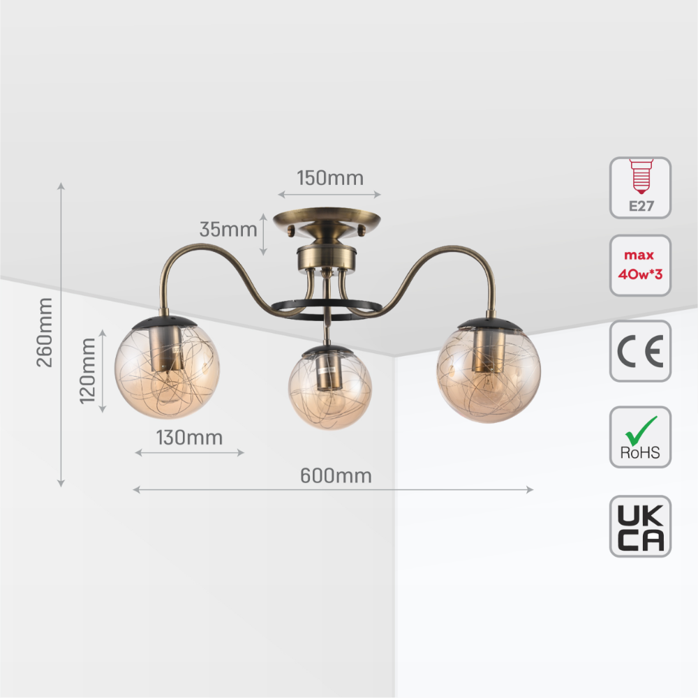 Size and tech specs of Swan Neck Antique Brass & Amber Globe Light | TEKLED 159-17994