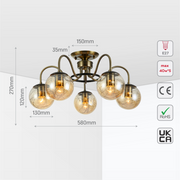 Size and tech specs of Swan Neck Antique Brass & Amber Globe Light | TEKLED 159-17995