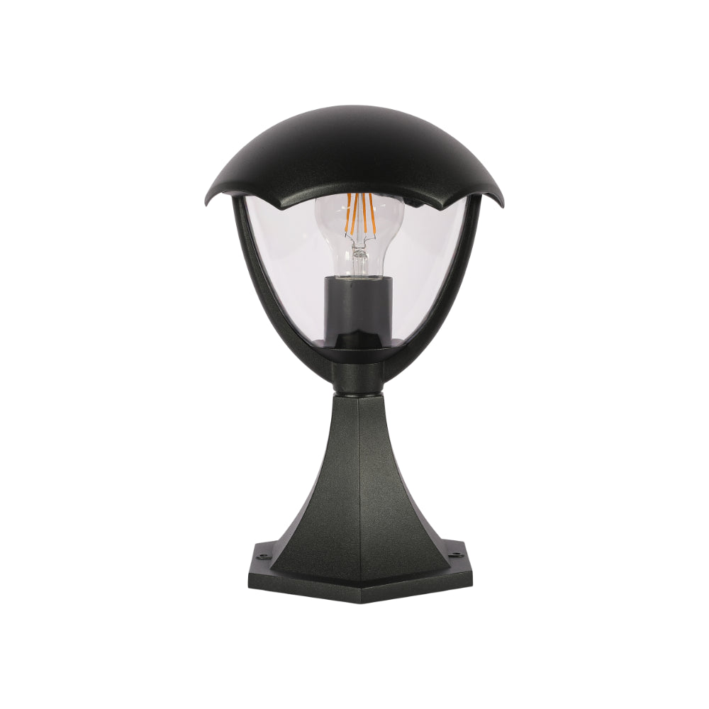 Lámpara de columna exterior de estilo rústico, ideal para patios y jardines, con diseño negro elegante y base robusta.
