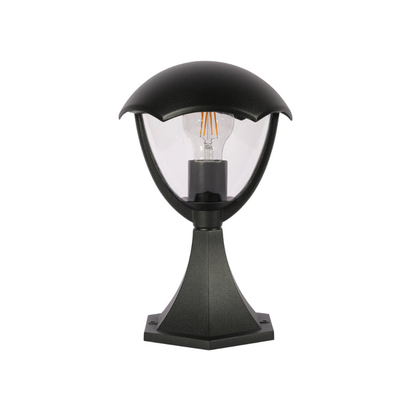 Lámpara de columna exterior de estilo rústico, ideal para patios y jardines, con diseño negro elegante y base robusta.