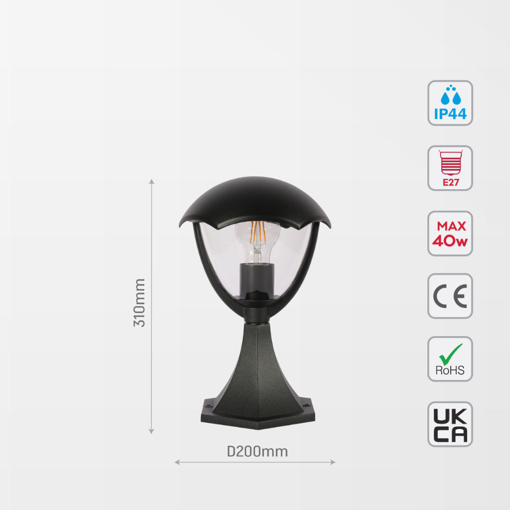 Luz de pedestal exterior en negro, ideal para jardines y patios, con estilo moderno y diseño elegante para iluminar espacios al aire libre.