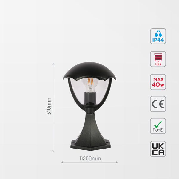 Luz de pedestal exterior en negro, ideal para jardines y patios, con estilo moderno y diseño elegante para iluminar espacios al aire libre.