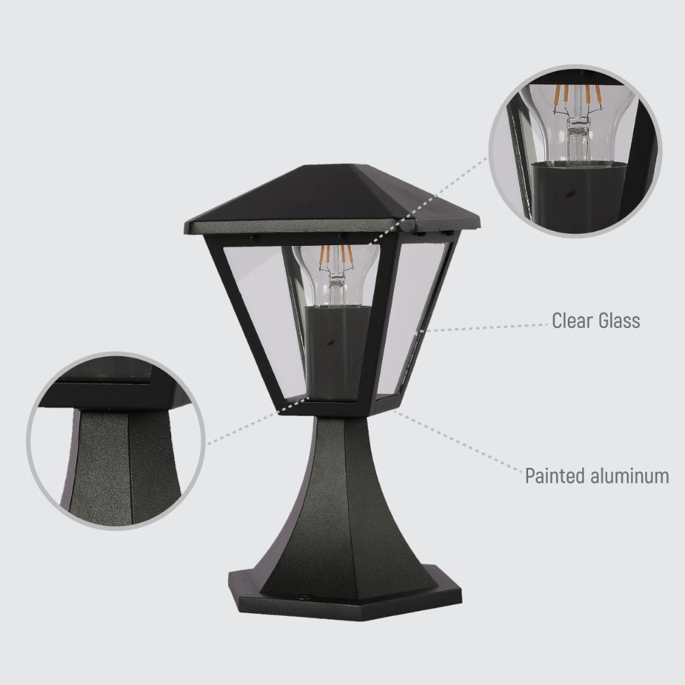 Lámpara de pedestal negra ideal para exteriores, perfecta para jardines y patios de estilo contemporáneo.
