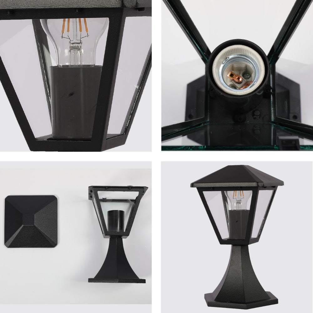 Farola pedestal exterior negra estilo contemporáneo, ideal para iluminar jardines o patios en decoración moderna.