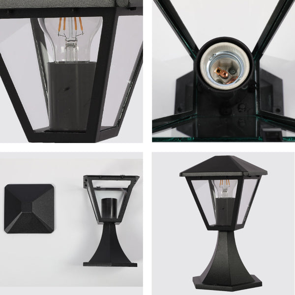 Farola pedestal exterior negra estilo contemporáneo, ideal para iluminar jardines o patios en decoración moderna.