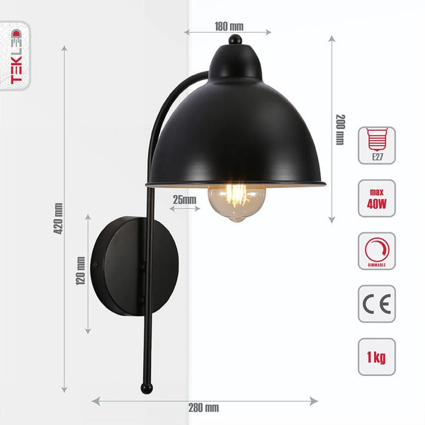 Tehcnical specifications and dimensions of Black Metal Dome Wall Light with E27 Fitting