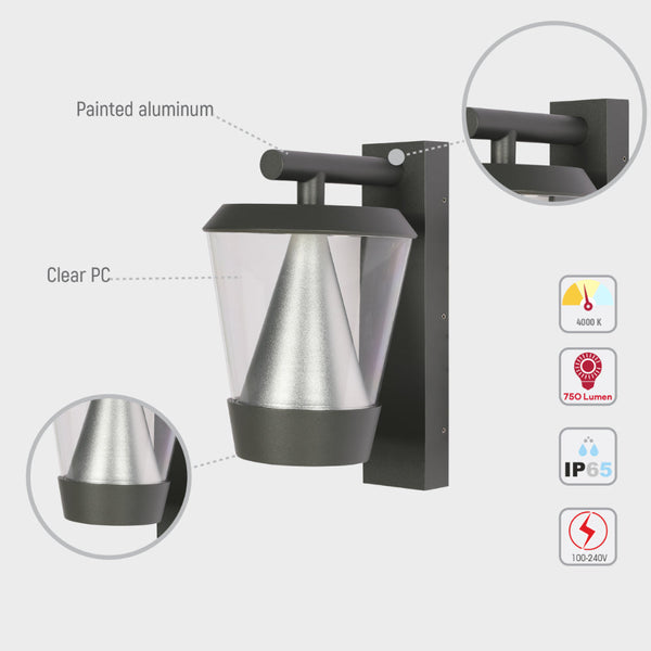 Luz de pared tipo farol LED para exteriores, ideal para jardines con estilo moderno y funcionalidad eficiente de 13W y 4000K.