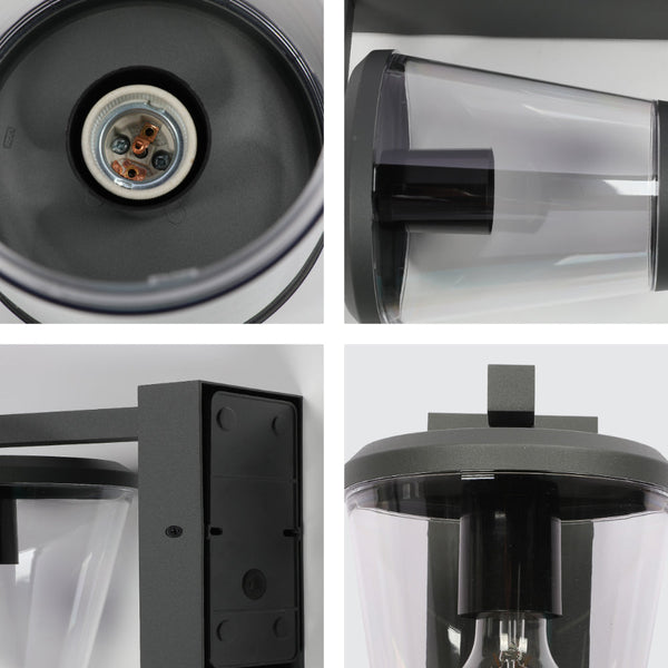 Lámpara de pared exterior moderna en gris oscuro, ideal para iluminar jardines o patios con estilo contemporáneo y elegante.