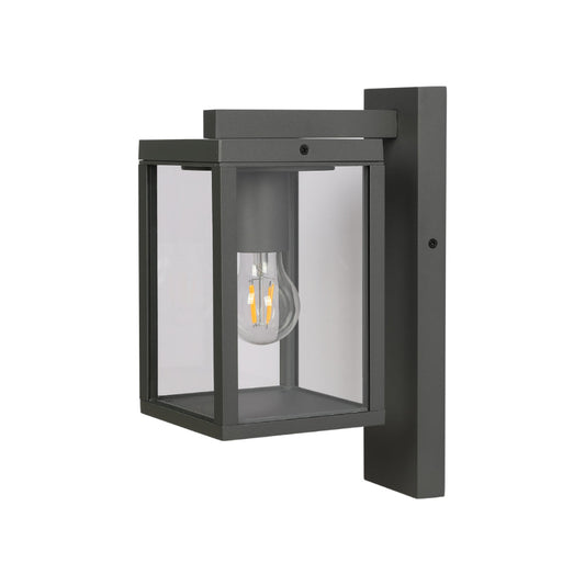 Lámpara de pared exterior de diseño rectangular, ideal para patios rústicos y zonas al aire libre. Material de alta calidad en gris oscuro.