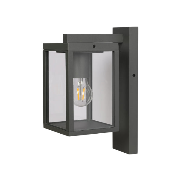 Lámpara de pared exterior de diseño rectangular, ideal para patios rústicos y zonas al aire libre. Material de alta calidad en gris oscuro.