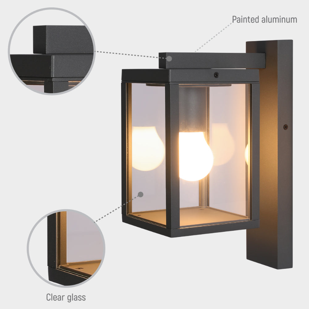Aplique de pared tipo linterna para exterior en gris oscuro, perfecto para patios y jardines con estilo contemporáneo.