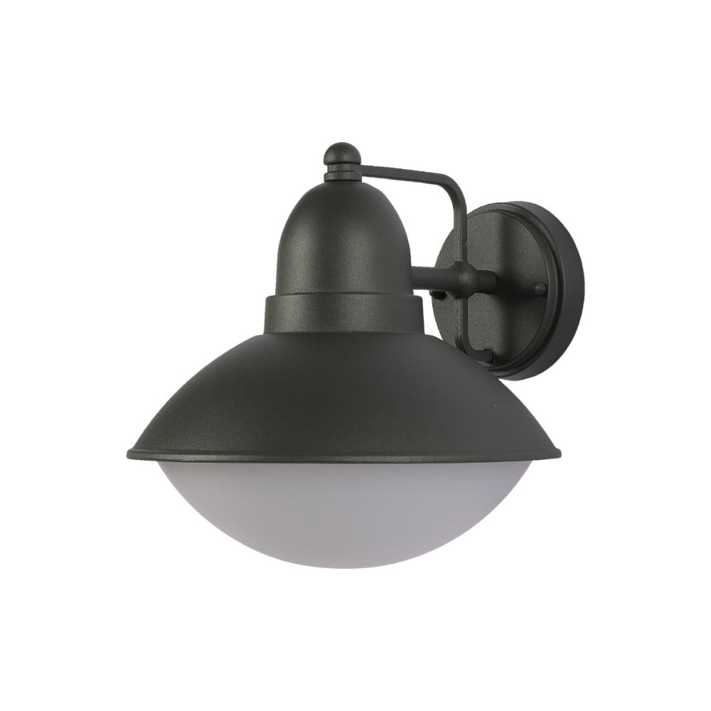 Lámpara de pared tipo farol oscuro para exteriores, ideal en entradas con estilo industrial.