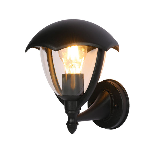 Lámpara de pared tipo farola negra, ideal para exteriores, perfecta para decoración rústica o contemporánea en jardines y patios.