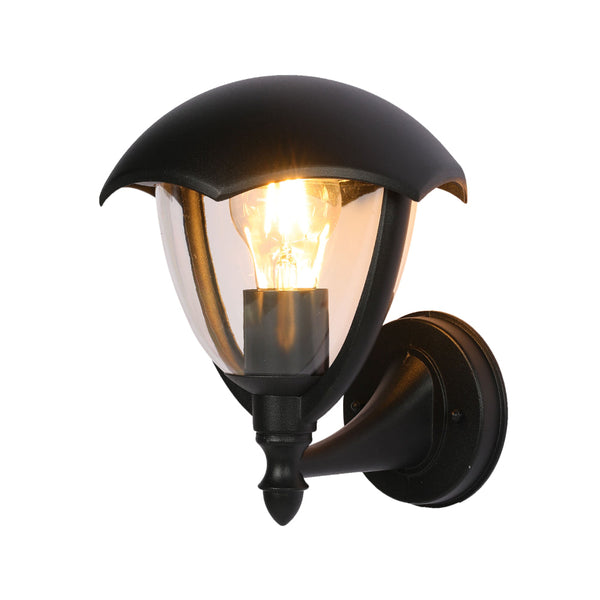 Lámpara de pared tipo farola negra, ideal para exteriores, perfecta para decoración rústica o contemporánea en jardines y patios.