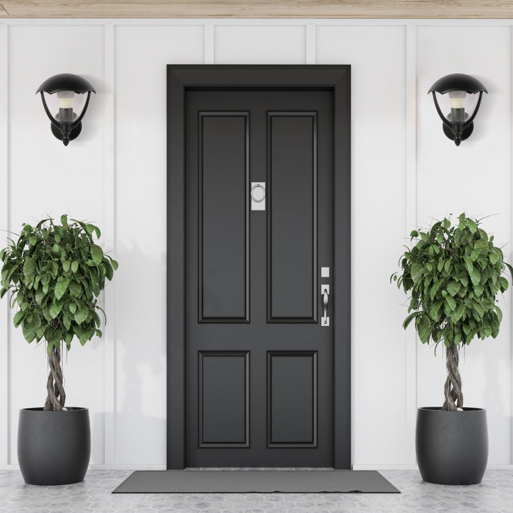 Lámpara de pared exterior tipo linterna, ideal para patios rústicos o modernos, con diseño elegante y funcionalidad E27.