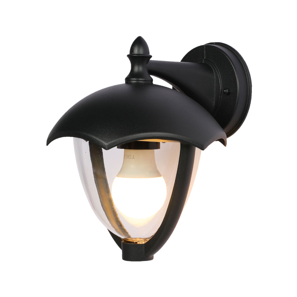 Lámpara de pared exterior en diseño de linterna negra, ideal para patios modernos. Aporta estilo y calidez a espacios al aire libre.