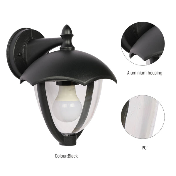 Luz de pared estilo farol negro para exteriores, perfecta para patios en decoración moderna.