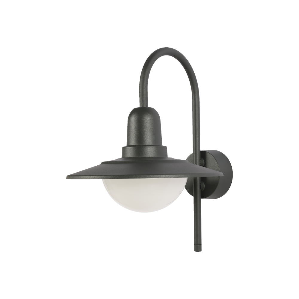 Lámpara de pared exterior tipo farola, ideal para patios con estilo moderno. Acabado en gris oscuro y adecuada para cualquier espacio al aire libre.