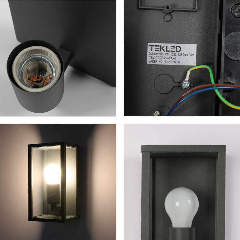 Luz de pared lantern de exterior en gris oscuro, ideal para patios con decoración contemporánea y clásica, ofreciendo un toque elegante.